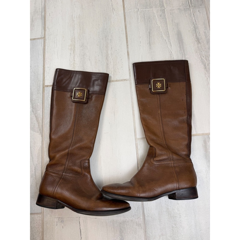 Tory‎ Burch Brown Two Tone Leather Riding Boots Gold Logo Size 9M F 12 55